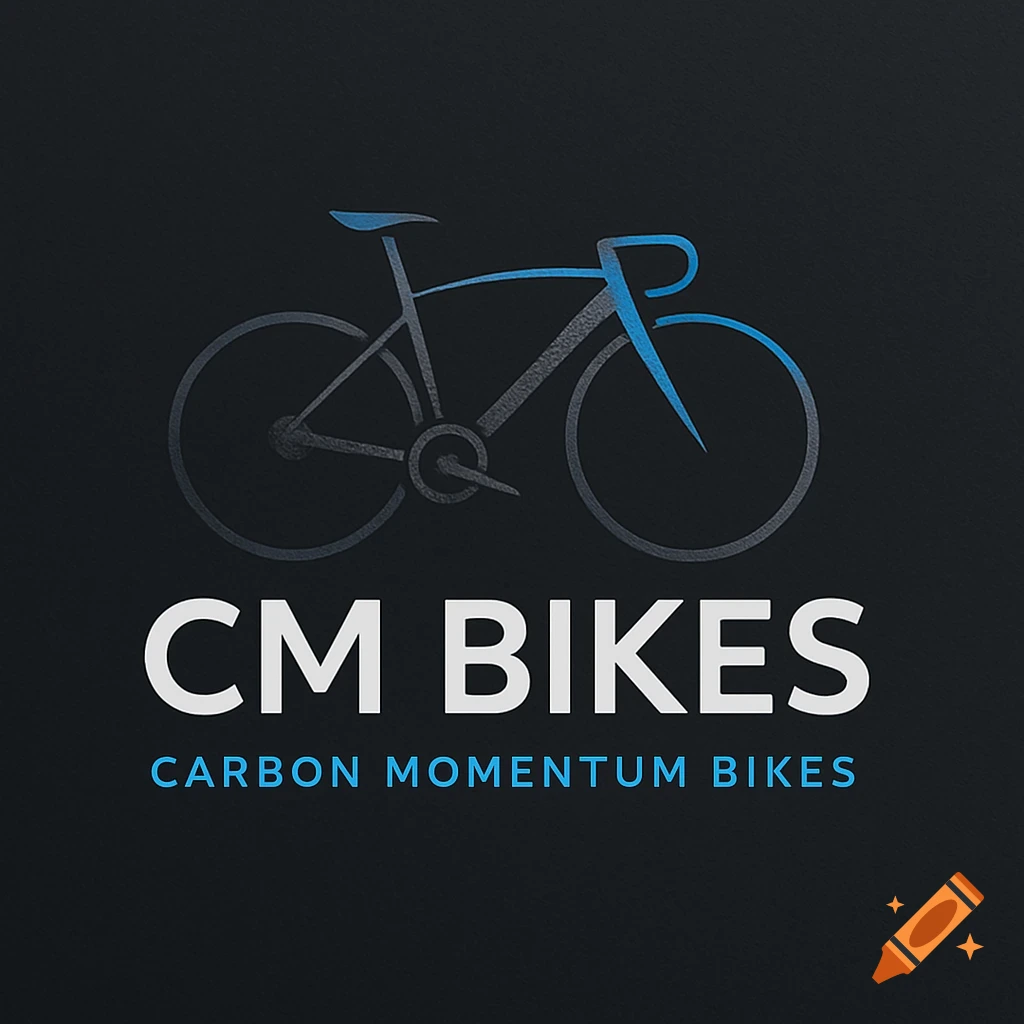 A logo with a stylized gray and blue bicycle above the white text CM BIKES and smaller blue text CARBON MOMENTUM BIKES on a dark textured background.