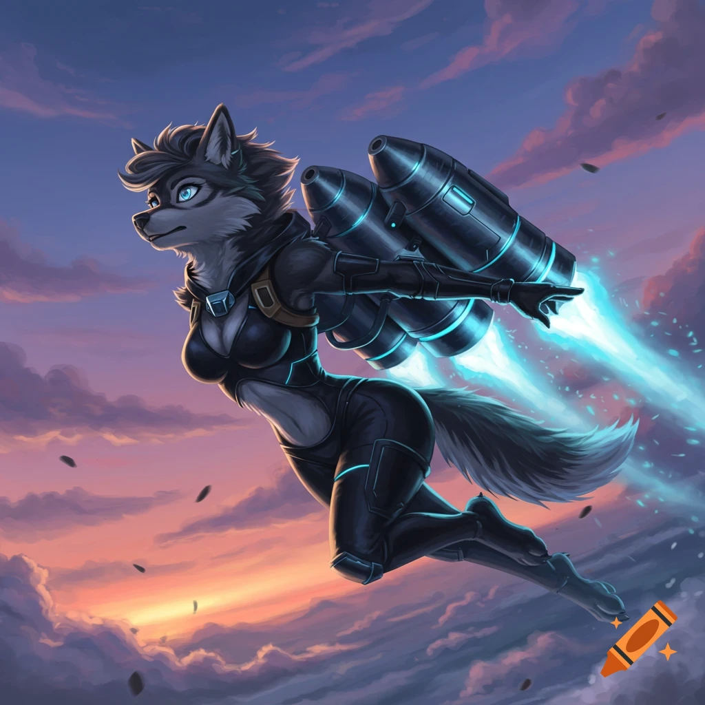 A gray anthropomorphic wolf in a black suit with a jetpack flies through a sunset sky.