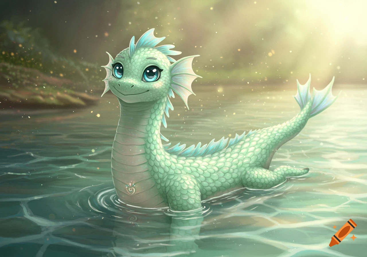 A cute, mint green Loch Ness monster with big blue eyes and iridescent fins floats in shimmering water, an illustration.