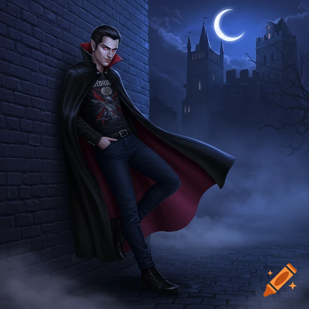 A male vampire with red eyes and fangs, wearing a black cape, leans against a brick wall at night with a castle and crescent moon in the background. Digital art.