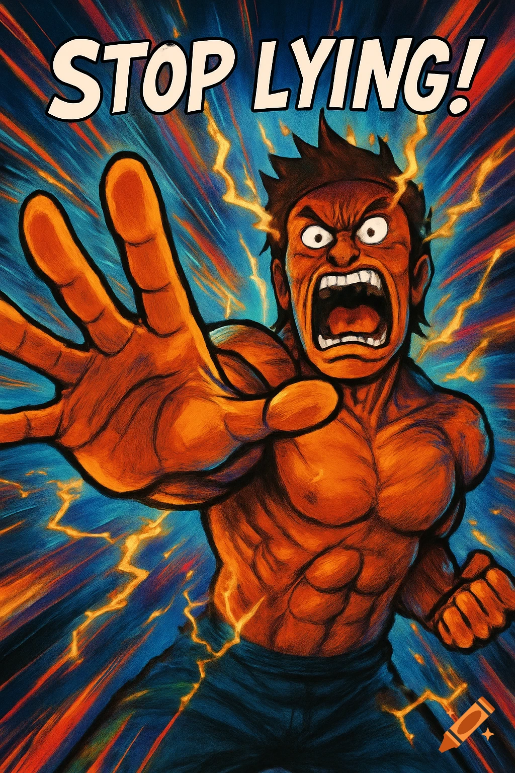 An angry, muscular anime-style man yells 'STOP LYING!' with an extended hand, surrounded by electricity and a dynamic, energetic background.