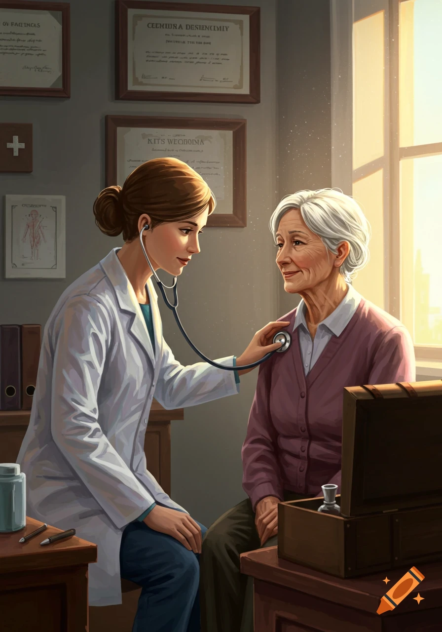 A female doctor listens to an elderly patient's chest with a stethoscope in a sunlit medical office, realistic illustration.