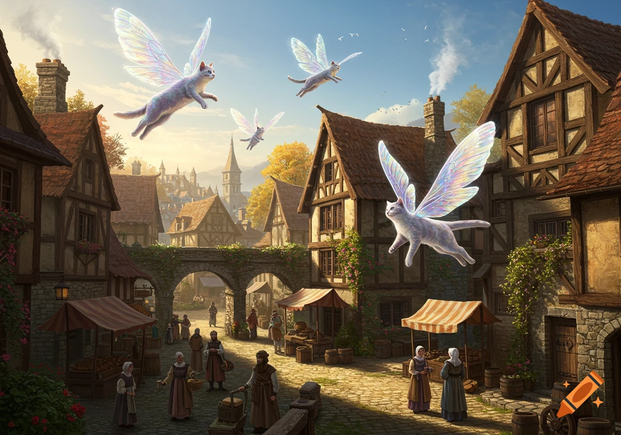 Winged cats fly over a bustling medieval town market, a detailed digital painting.