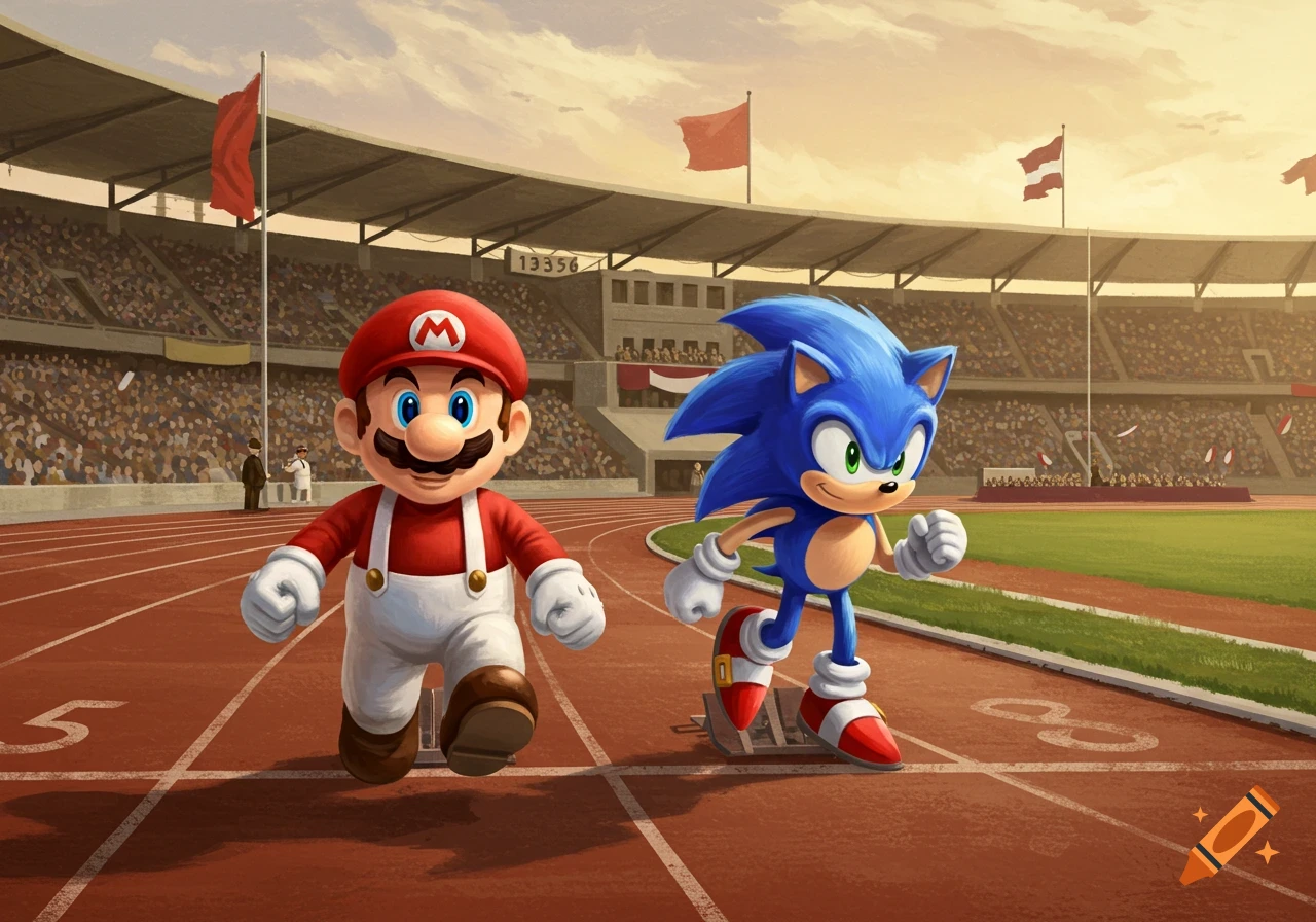 Mario and Sonic stand ready to race on a track in a large, spectator-filled stadium at sunset, in an illustrative style.