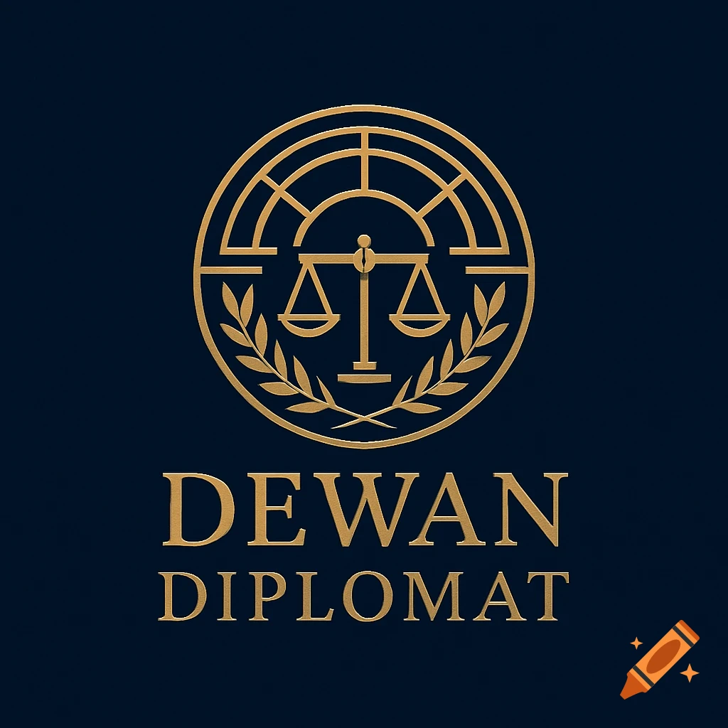 Golden logo on dark blue with scales of justice, laurel wreaths, and text 'DEWAN DIPLOMAT'.