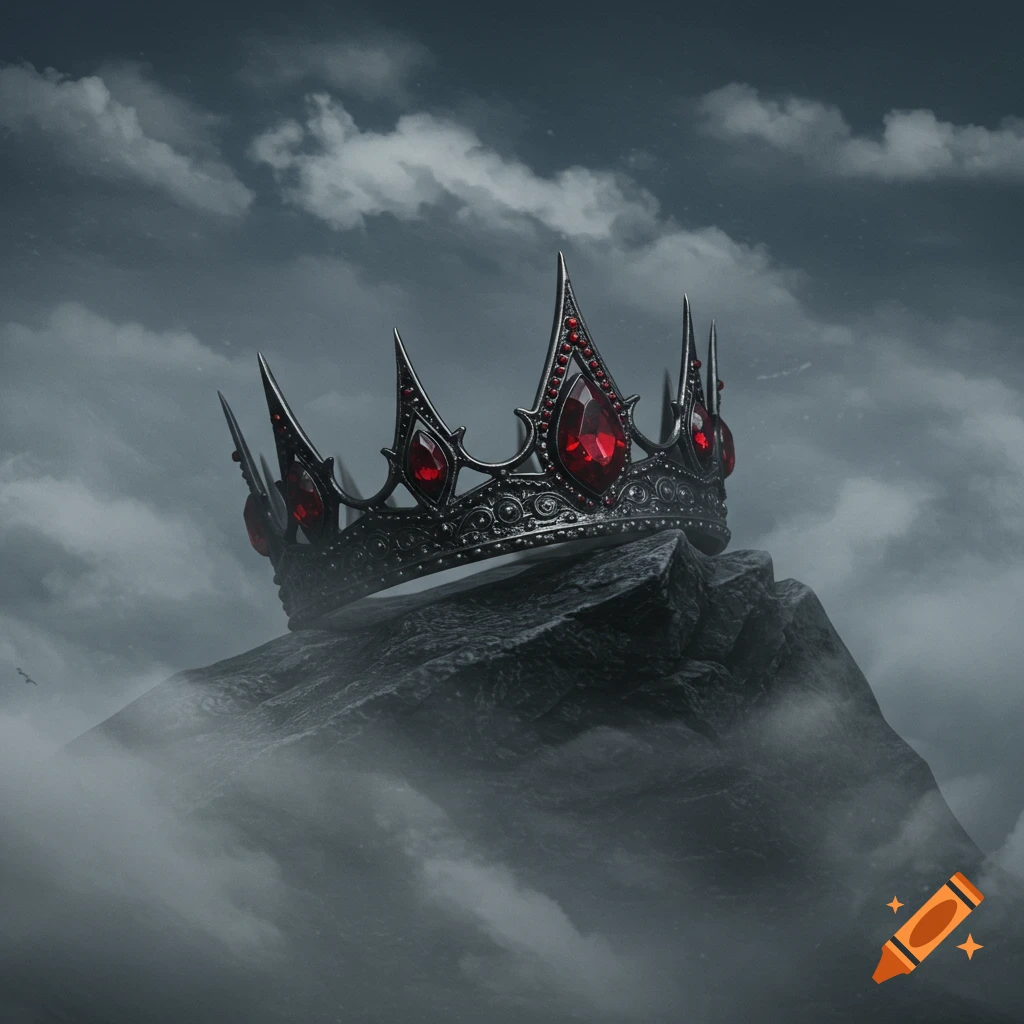 A dark, ornate crown with red jewels rests on a rocky mountain peak, shrouded in dense fog under a cloudy sky.