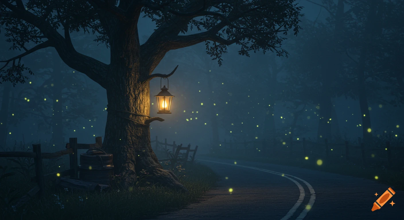 A gnarled tree with a lit lantern hangs over a foggy road at night, surrounded by glowing fireflies.