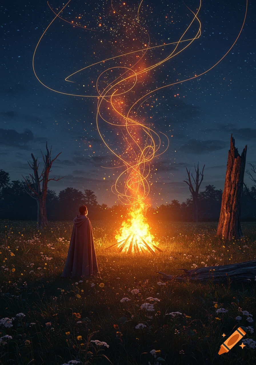 A cloaked figure stands before a magical bonfire in a field at night, under a star-filled sky with glowing light trails.