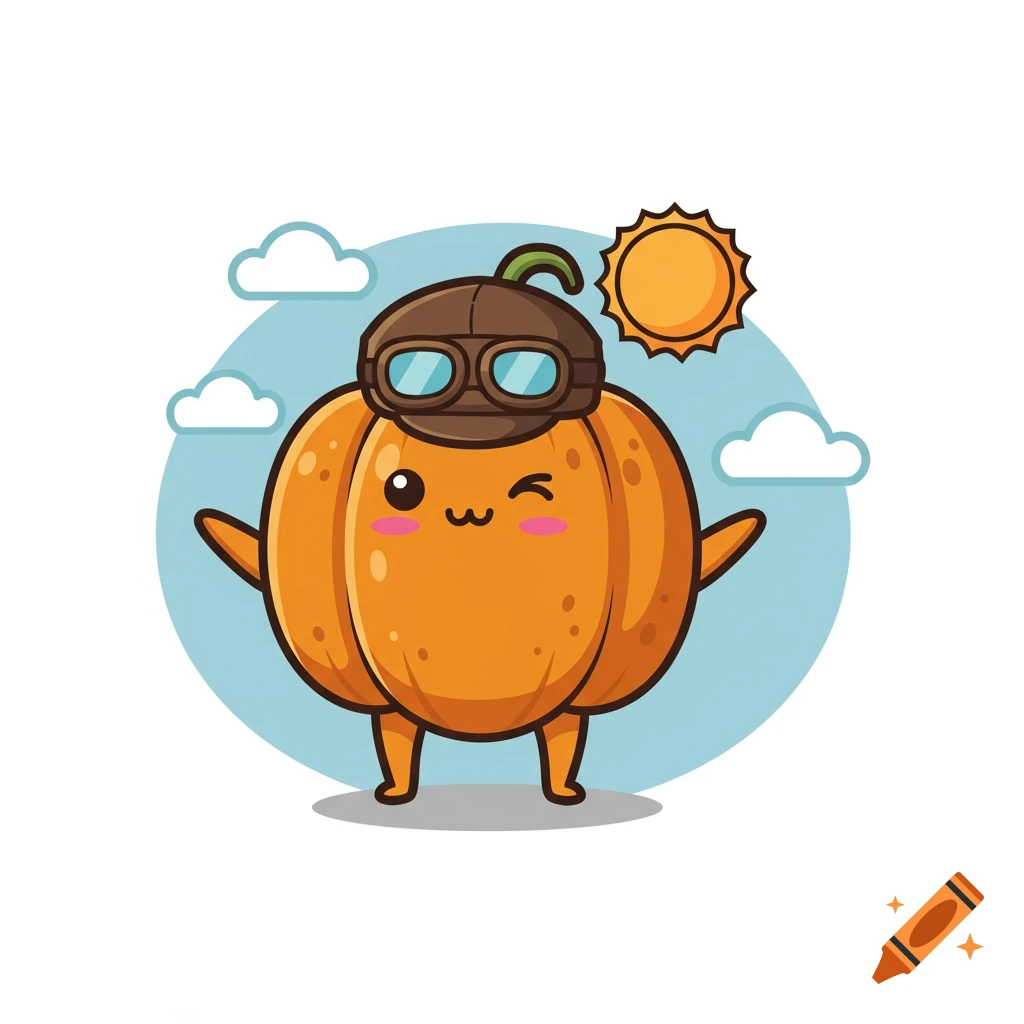 A cute winking cartoon pumpkin in a pilot's cap and goggles on a blue background with clouds and a sun, sticker style.
