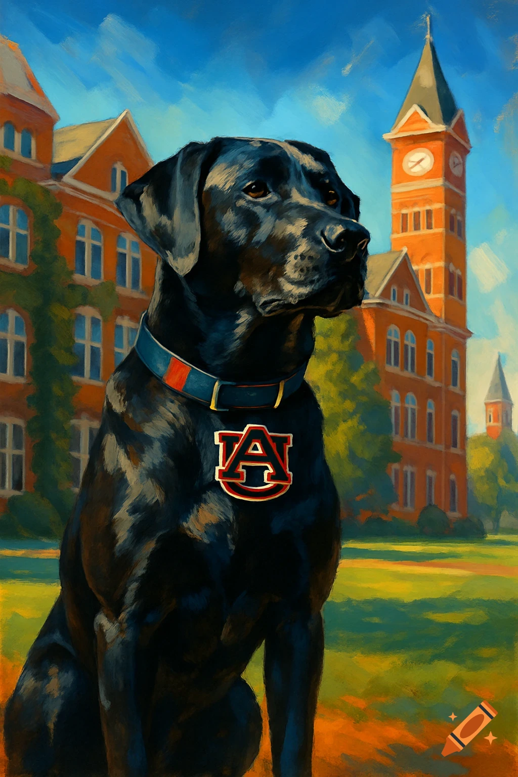A black labrador dog with an Auburn University 'A' logo on its collar sits in front of brick university buildings with a clock tower, painted in a vibrant, painterly style.