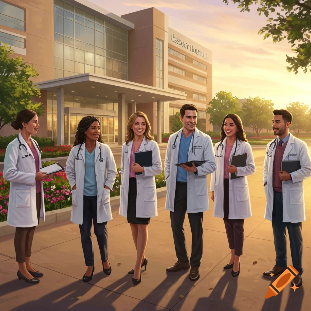 Six diverse healthcare students in lab coats stand smiling in front of a modern hospital building at sunset, ready for clinical learning.