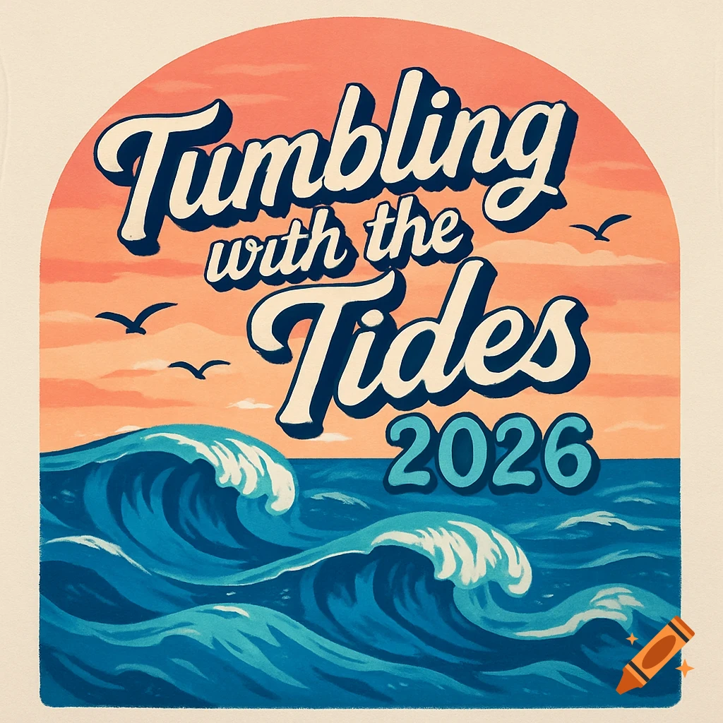 Stylized illustration of ocean waves under a sunset sky with flying birds and the text 'Tumbling with the Tides 2026'.