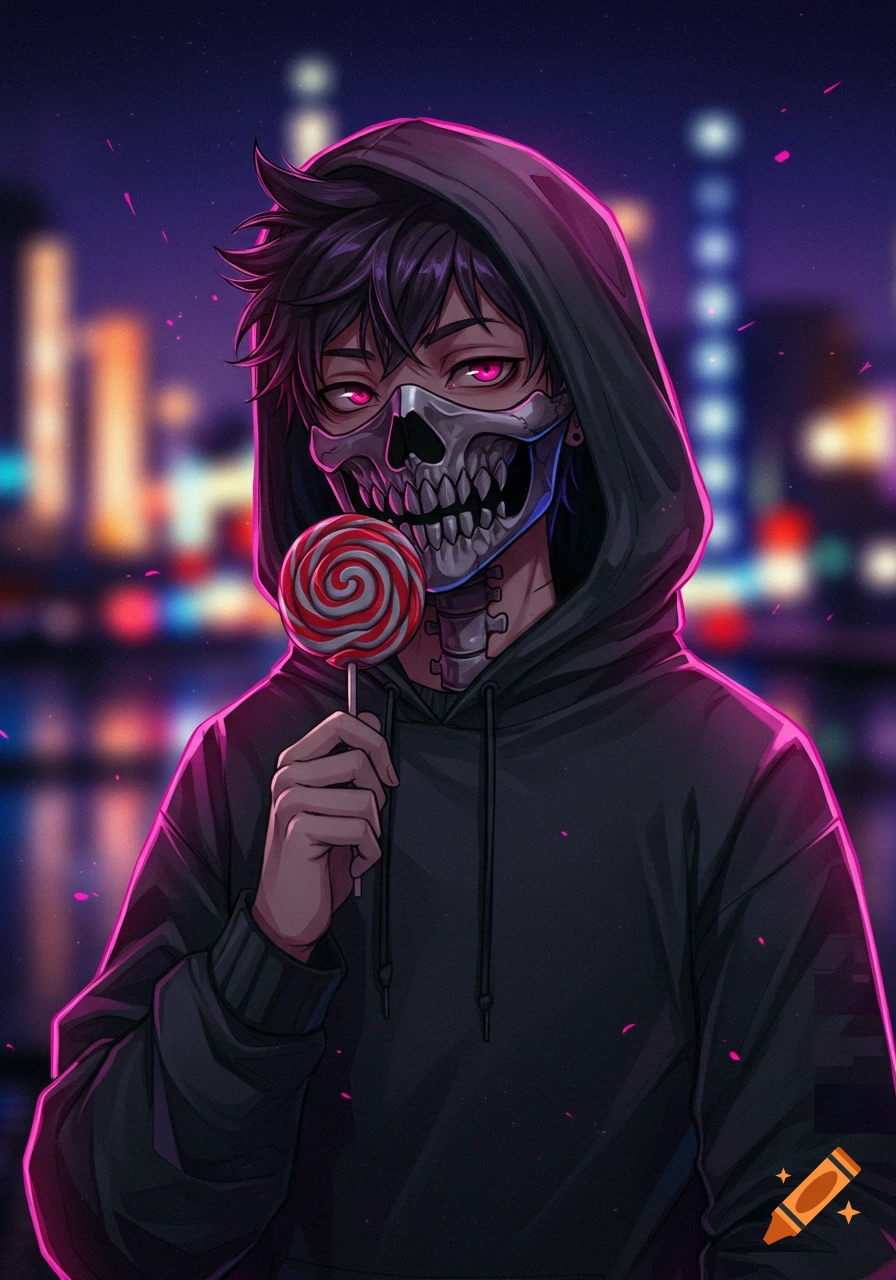 Anime boy in a dark hoodie and skull mask with glowing pink eyes holding a red and white lollipop against a blurry neon city night background.