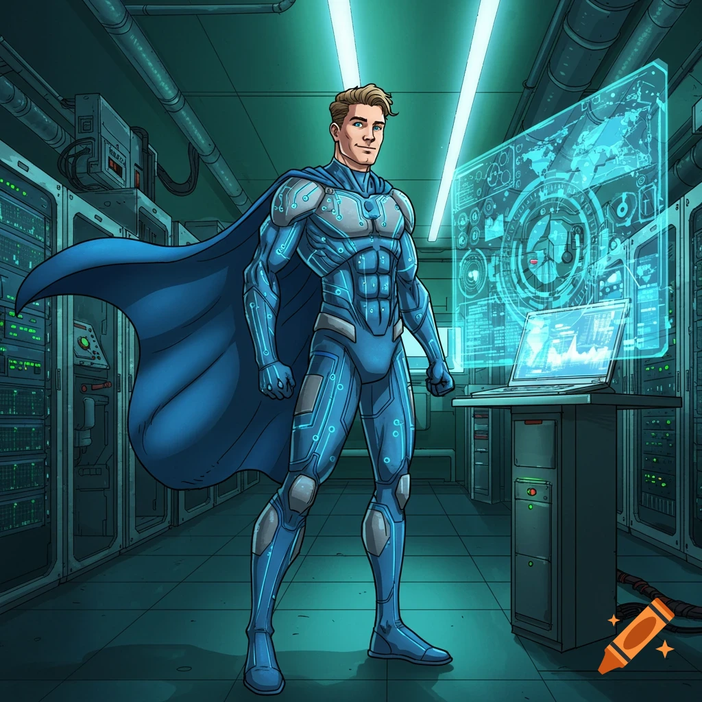 A muscular male superhero in a blue circuit-patterned suit and cape stands in a server room with holographic displays and a laptop.