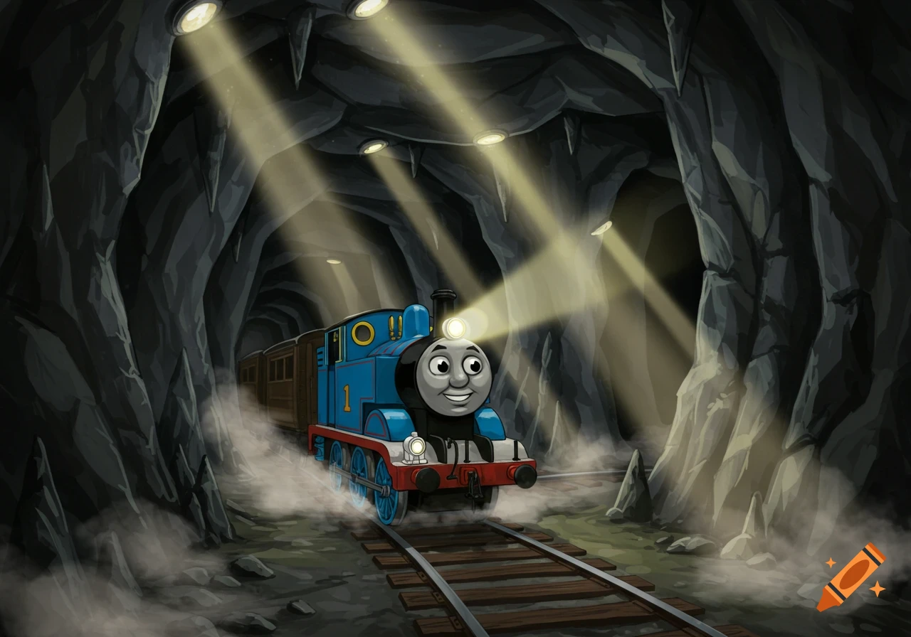 Thomas the Tank Engine drives through a dark mine, illuminated by his headlight and ceiling lights, with steam around him.