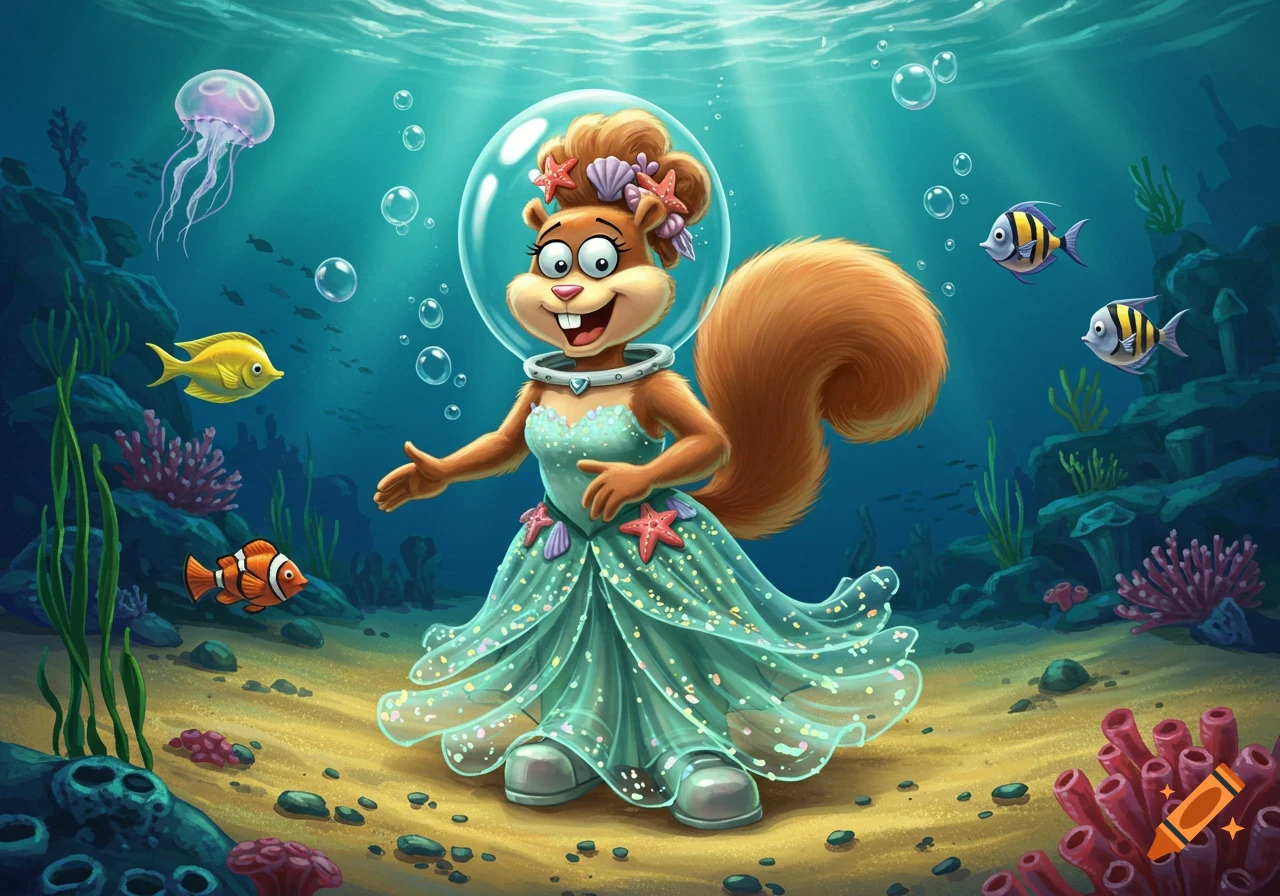 Cartoon Sandy Cheeks the squirrel in a flowing dress and bubble helmet, underwater with fish and coral.