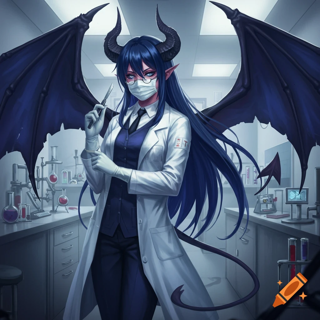 Anime demon scientist with dark blue hair, horns, bat wings, mask, lab coat, gloves, holding a scalpel in a lab.