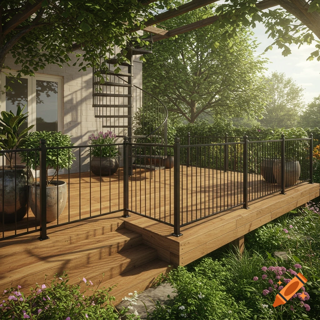 Photorealistic image of a wooden deck with black metal railing and a spiral staircase, surrounded by lush green plants and trees.