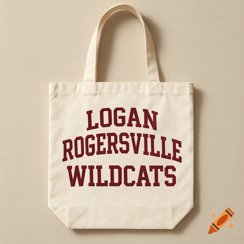 A cream-colored canvas tote bag featuring 'LOGAN ROGERSVILLE WILDCATS' in maroon text, displayed against a light background.