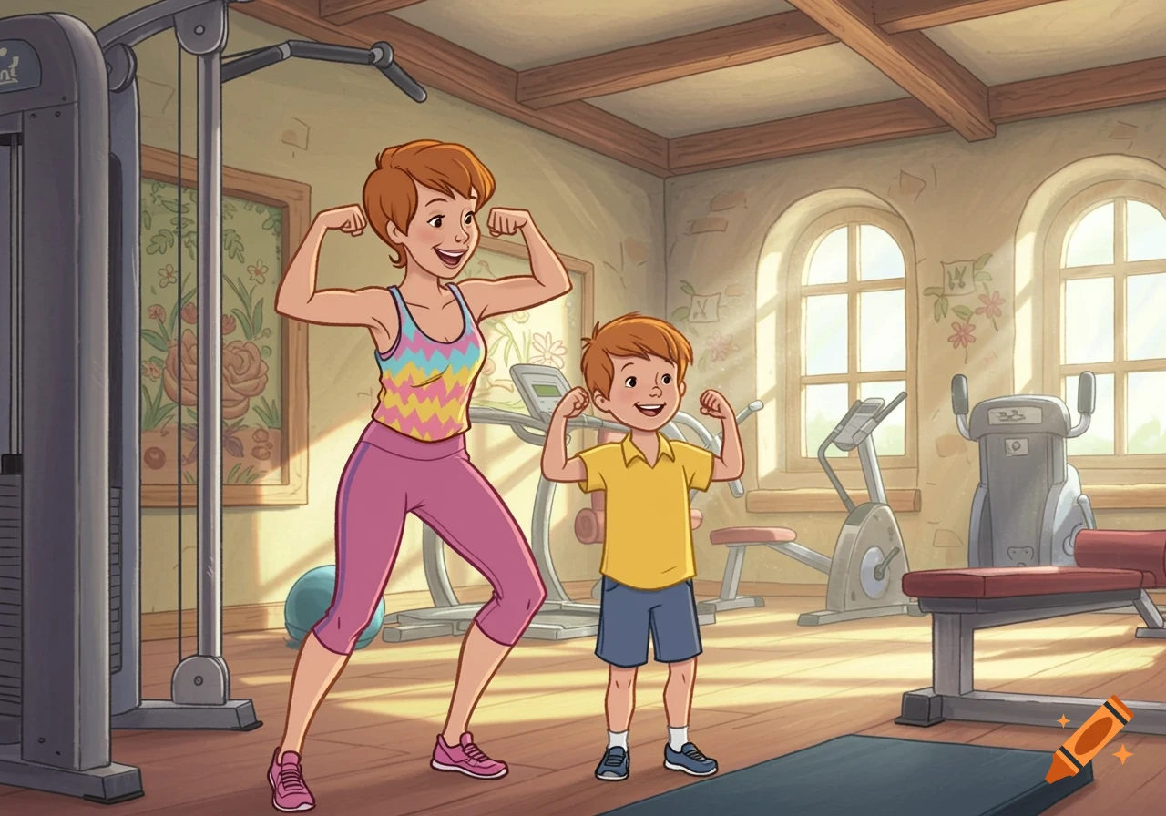 A cartoon mother and son flex their muscles at a gym, with the mother wearing a colorful tank top and the son a yellow shirt.