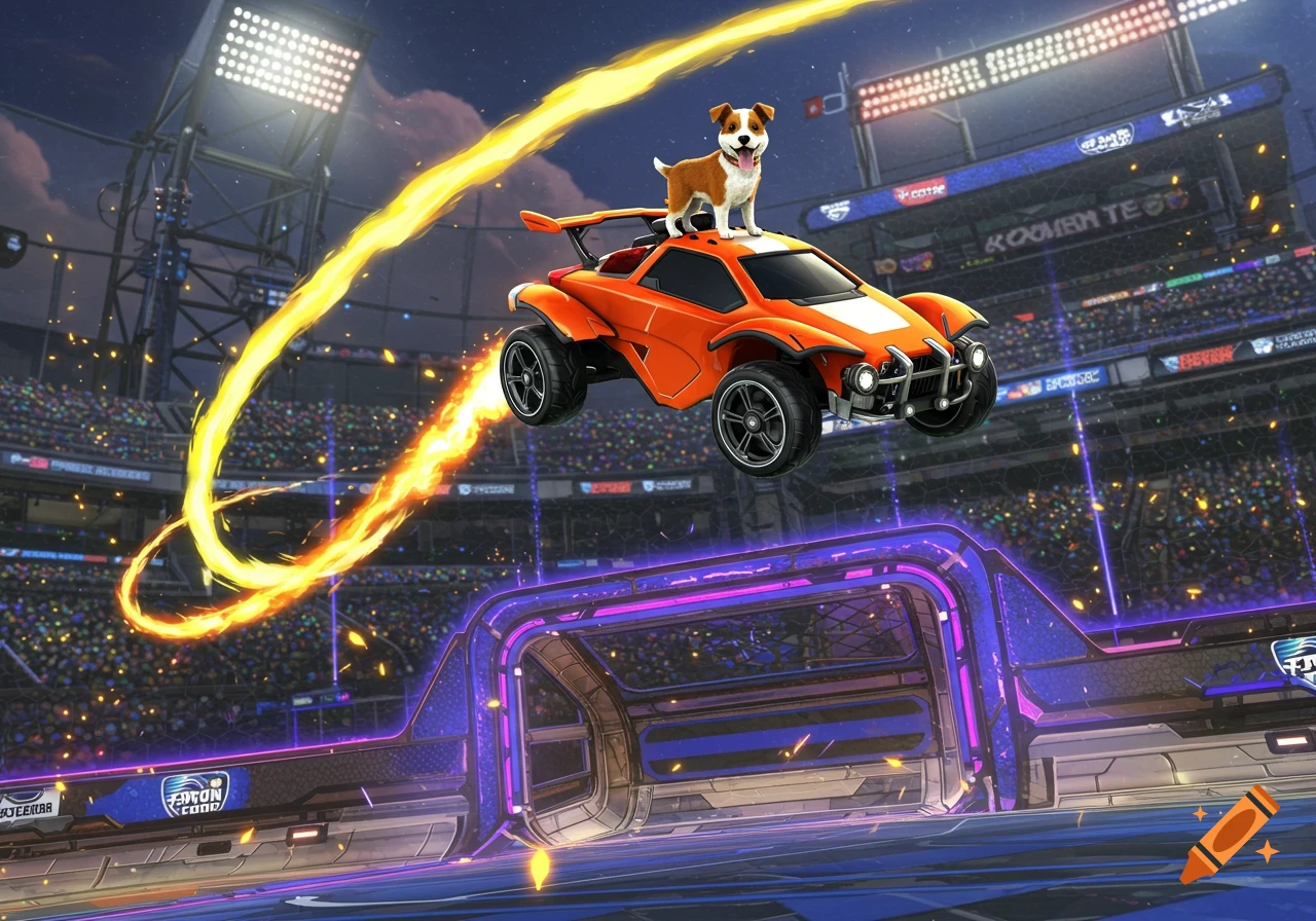 An orange Rocket League-style car with a small dog on its roof flies through a stadium, leaving a fiery trail. Stylized video game art.