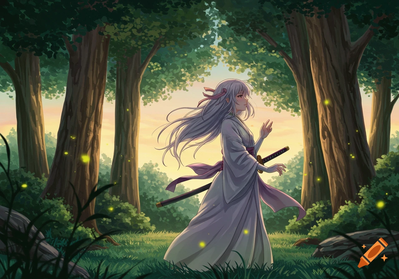 Anime girl with white hair and traditional attire, carrying a katana, walking in a glowing forest at sunset.