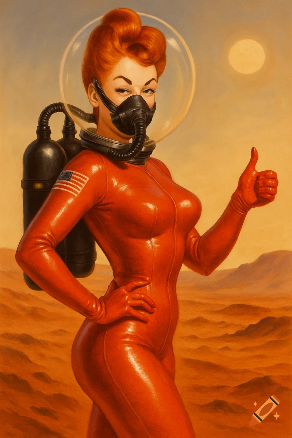 A retro 1950s pin-up style illustration of a woman in a red latex spacesuit with a mask and oxygen tanks, winking and giving a thumbs up on Mars.