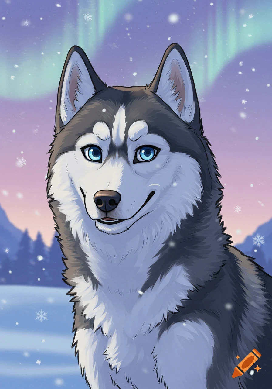 Cartoon portrait of a Siberian husky with blue eyes, surrounded by falling snow and the aurora borealis.