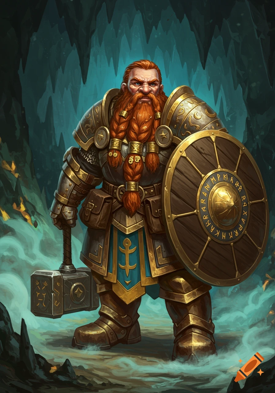 A proud dwarf warrior with a braided red beard in ornate gold and bronze armor holds a warhammer and shield in a dark cave.