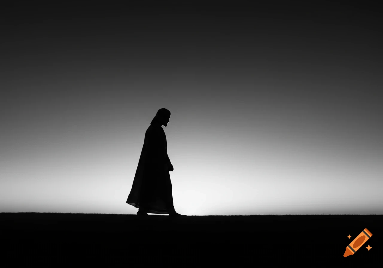 Black silhouette of a robed figure, presumably Jesus, walking across a minimalist horizon under a gradient sky.