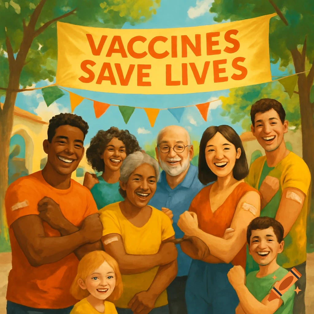 A diverse group of smiling people, including adults, seniors, and children, show off band-aids after vaccination under a banner reading "VACCINES SAVE LIVES". Painterly illustration.