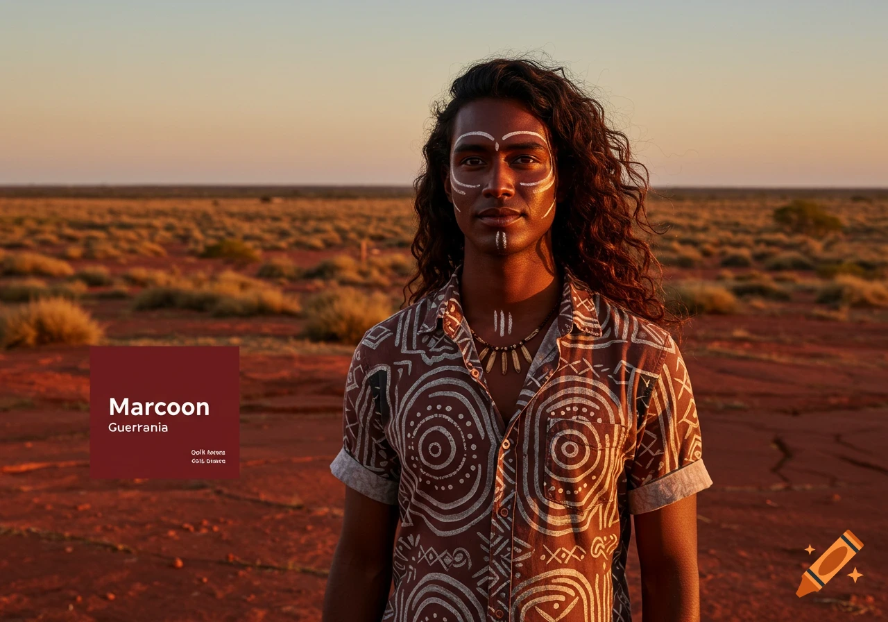 A man with long curly hair and white face paint, wearing a patterned shirt and necklace, stands in a reddish desert landscape at sunset.