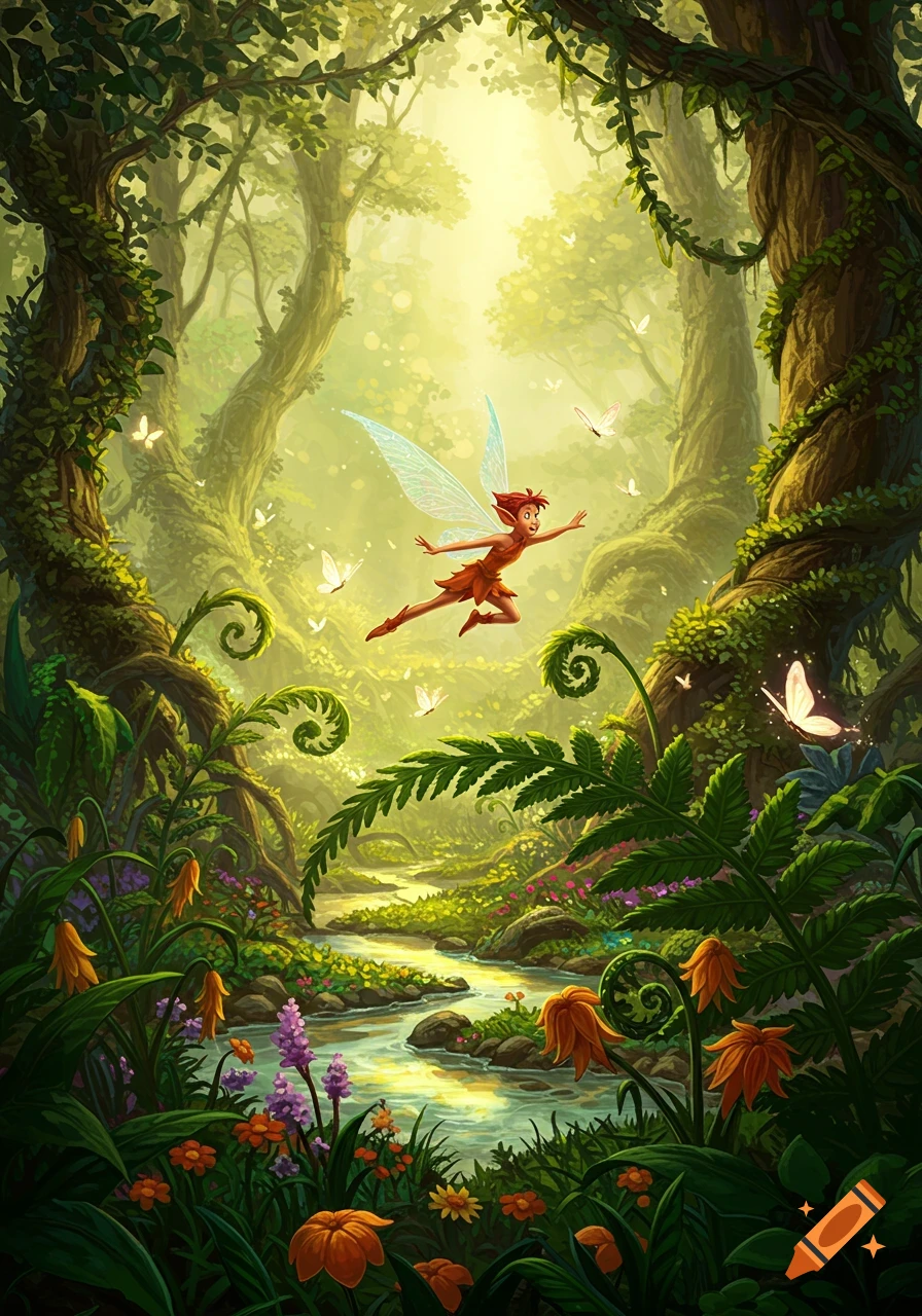 A small fairy with red hair and blue wings flies over a winding river in a sun-drenched, lush fantasy forest.