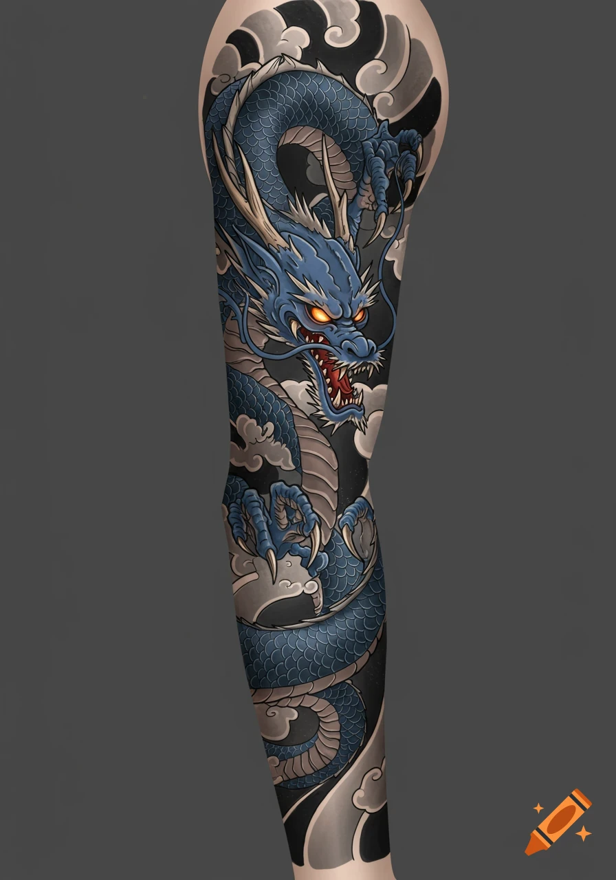 A vibrant blue dragon tattoo sleeve with glowing orange eyes and sharp teeth, surrounded by grey clouds on a dark background.