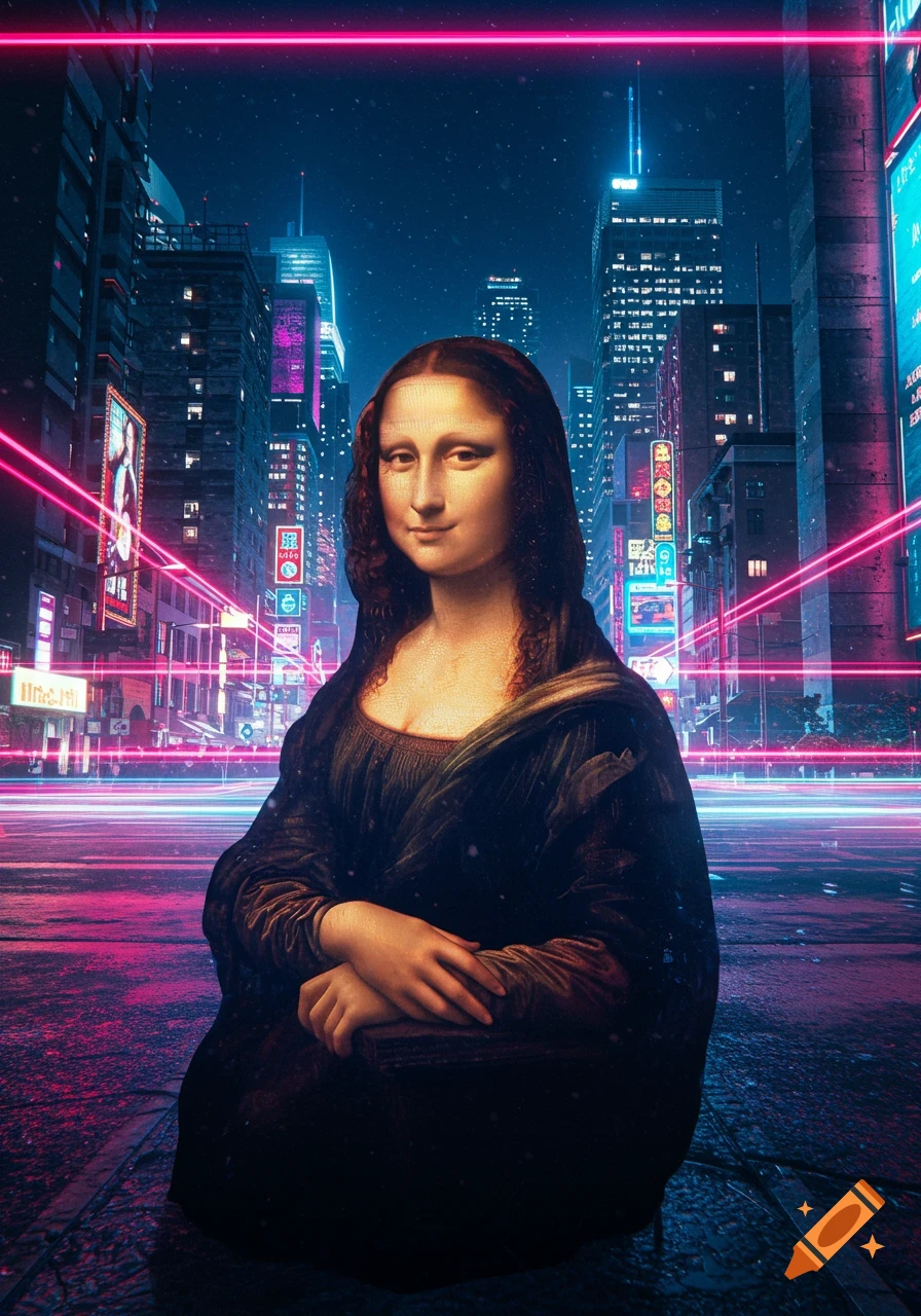 Mona Lisa portrait superimposed on a neon-lit cyberpunk city street at night, with glowing pink and blue light trails.