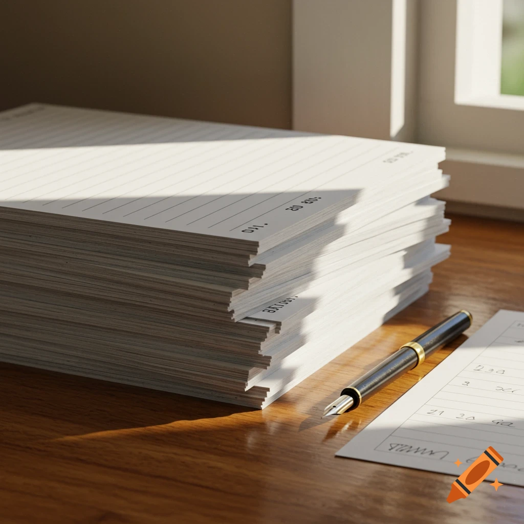 A photorealistic image of a tall stack of lined paper next to a fountain pen on a wooden desk, bathed in sunlight from a window.
