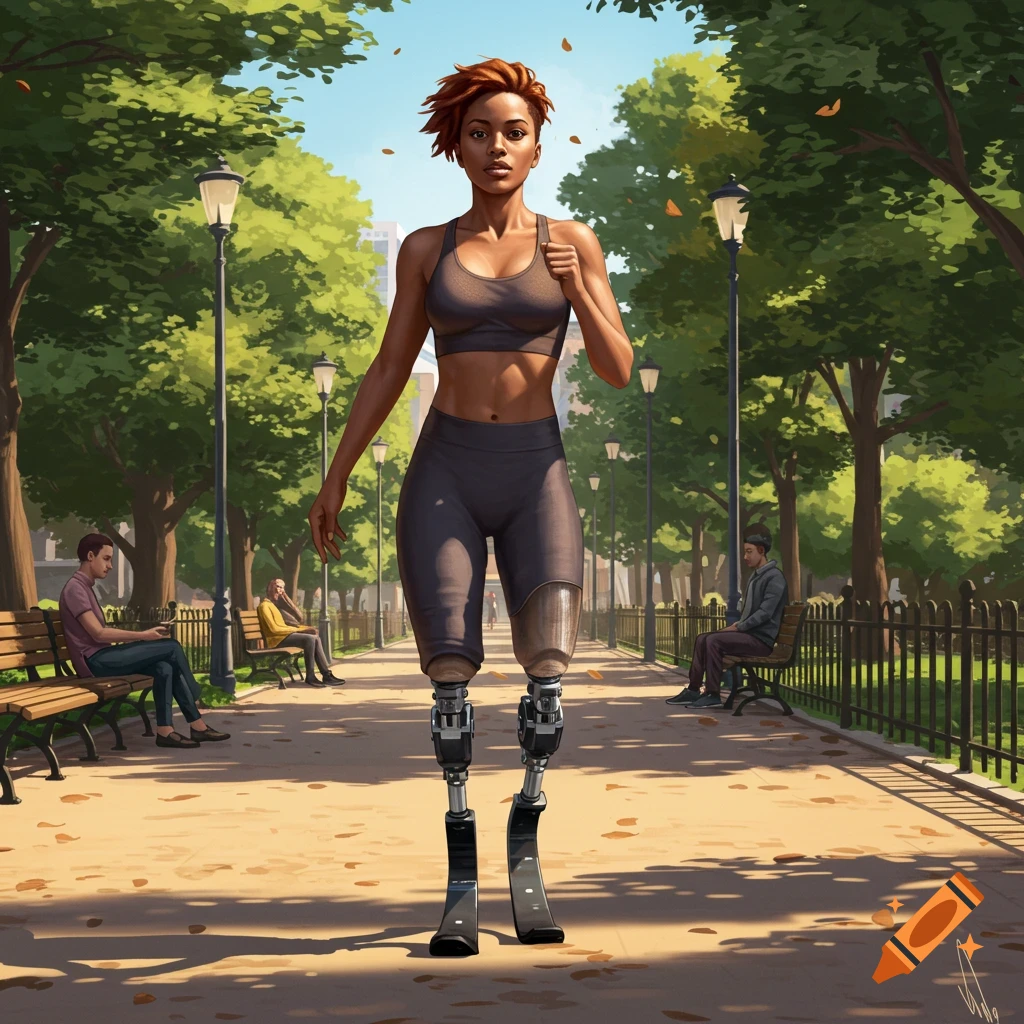 An illustrated woman with prosthetic legs jogs down a sunny park path lined with trees and lampposts.