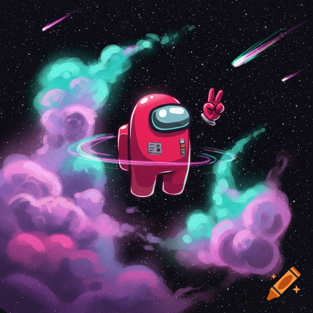 A red Among Us character floating in space amidst vibrant pink and teal nebulae, with shooting stars and a hand making a peace sign.