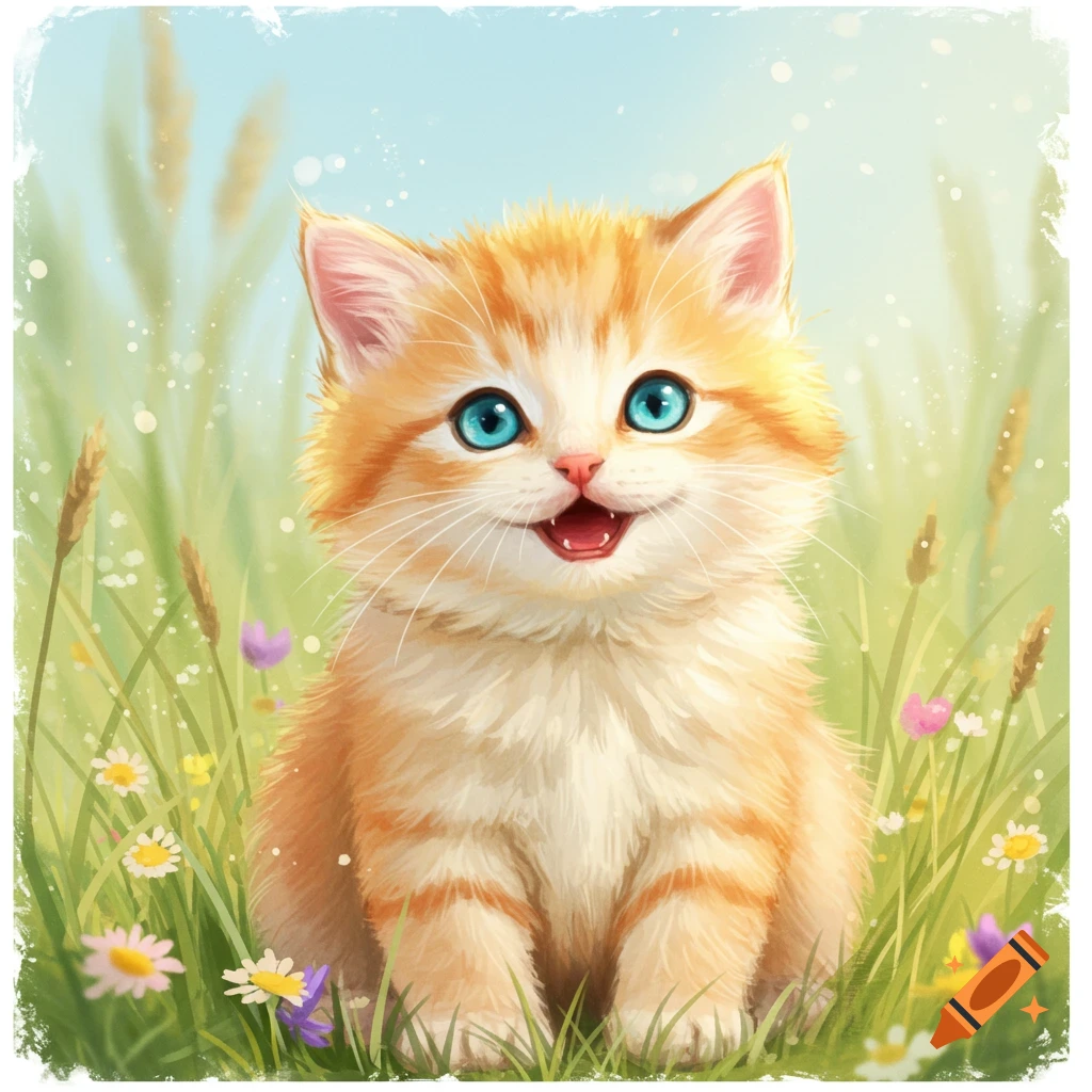 Cute smiling orange and white kitten with blue eyes in a grassy field with wildflowers, illustration.