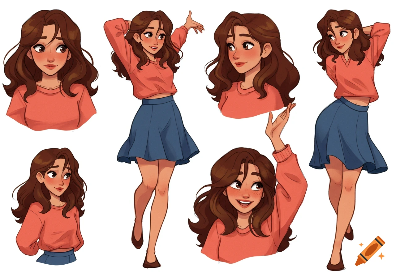 A model sheet featuring a cheerful cartoon brunette woman in various poses, wearing a peach sweater and blue skirt, on a white background.