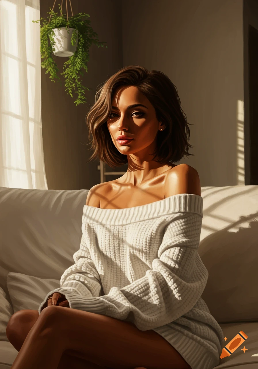 An illustration of a woman with short brown hair in an off-shoulder white sweater, sitting on a couch in sunlight.