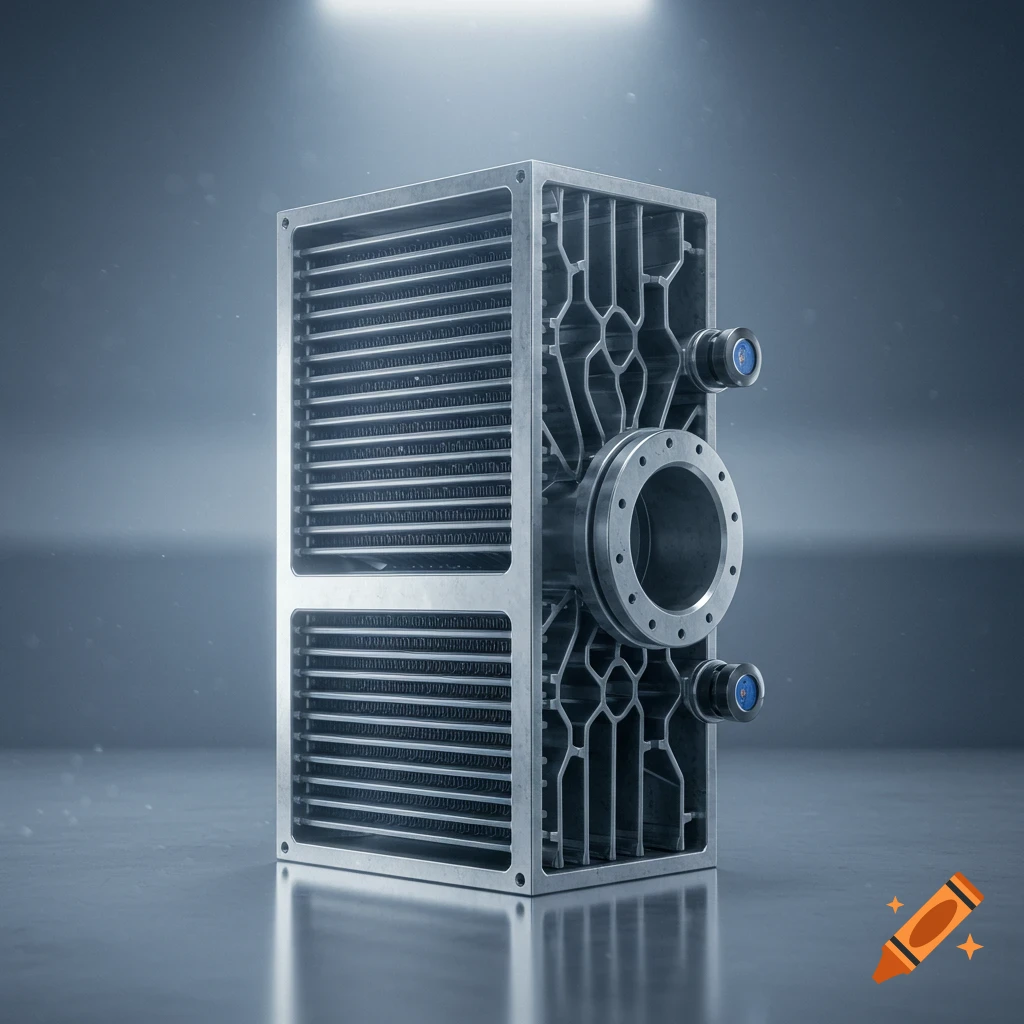 A photorealistic rendering of a silver metal plate heat exchanger with intricate fin structures and connectors, on a reflective gray surface.