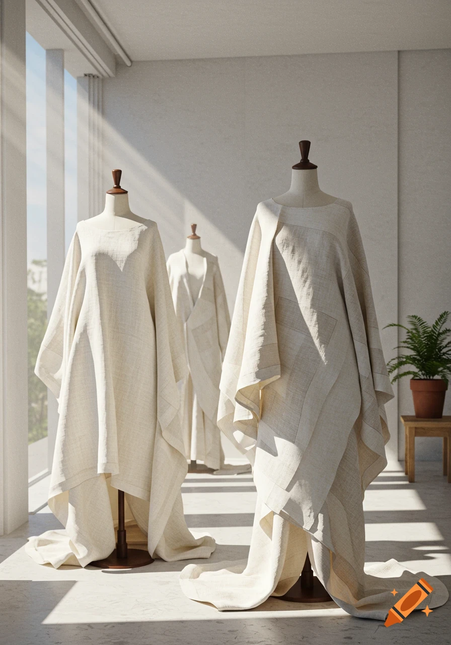 Three mannequins draped in flowing, light beige linen garments stand in a sunlit, minimalist room.