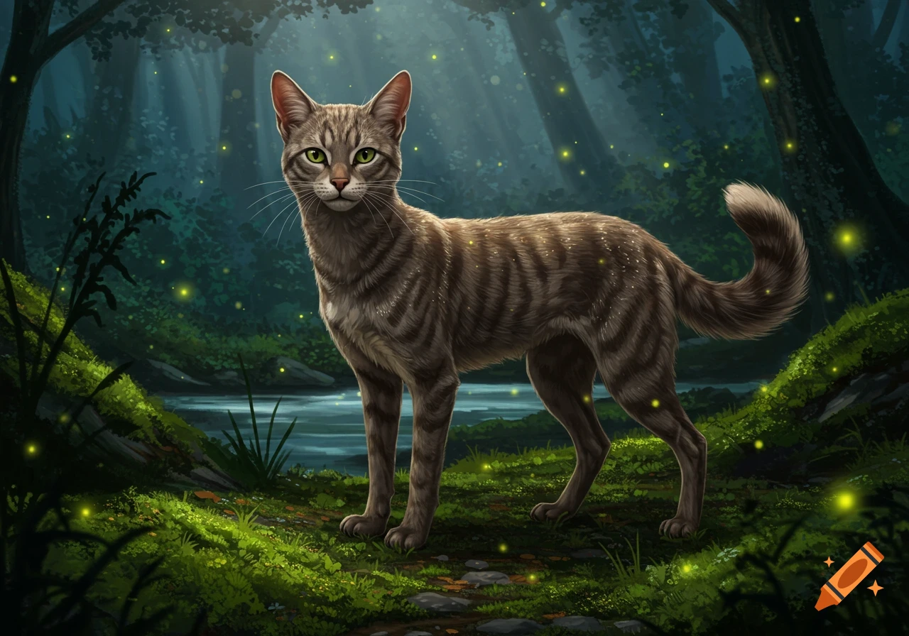 A striped tabby cat with green eyes stands in a lush, dark forest, illuminated by glowing fireflies around a stream.