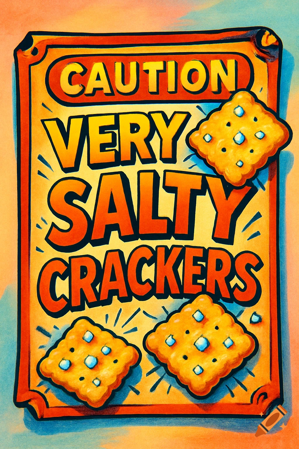 Colorful illustration of a warning sign saying 'CAUTION VERY SALTY CRACKERS' with three crackers.