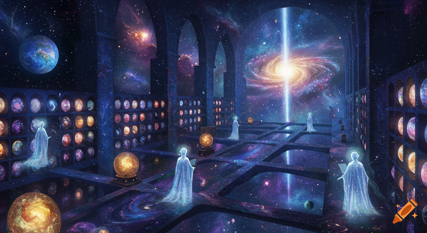 A fantastical cosmic library with glowing planets on shelves, ghostly figures, and a galaxy illuminating the background.