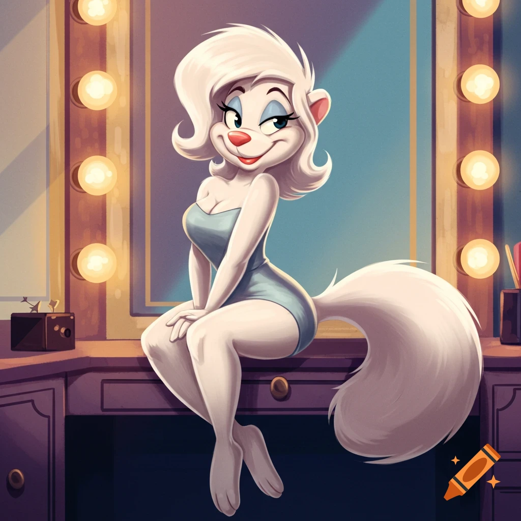 Cartoon Minerva Mink in a light blue dress sitting on a dressing table, smiling, with a mirror and vanity lights behind her.
