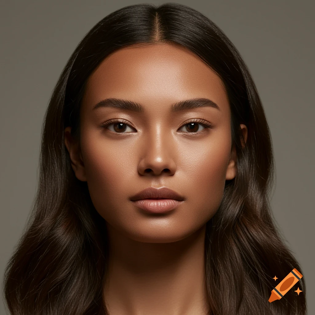 Close-up photorealistic portrait of a woman with dark hair, looking directly at the camera.
