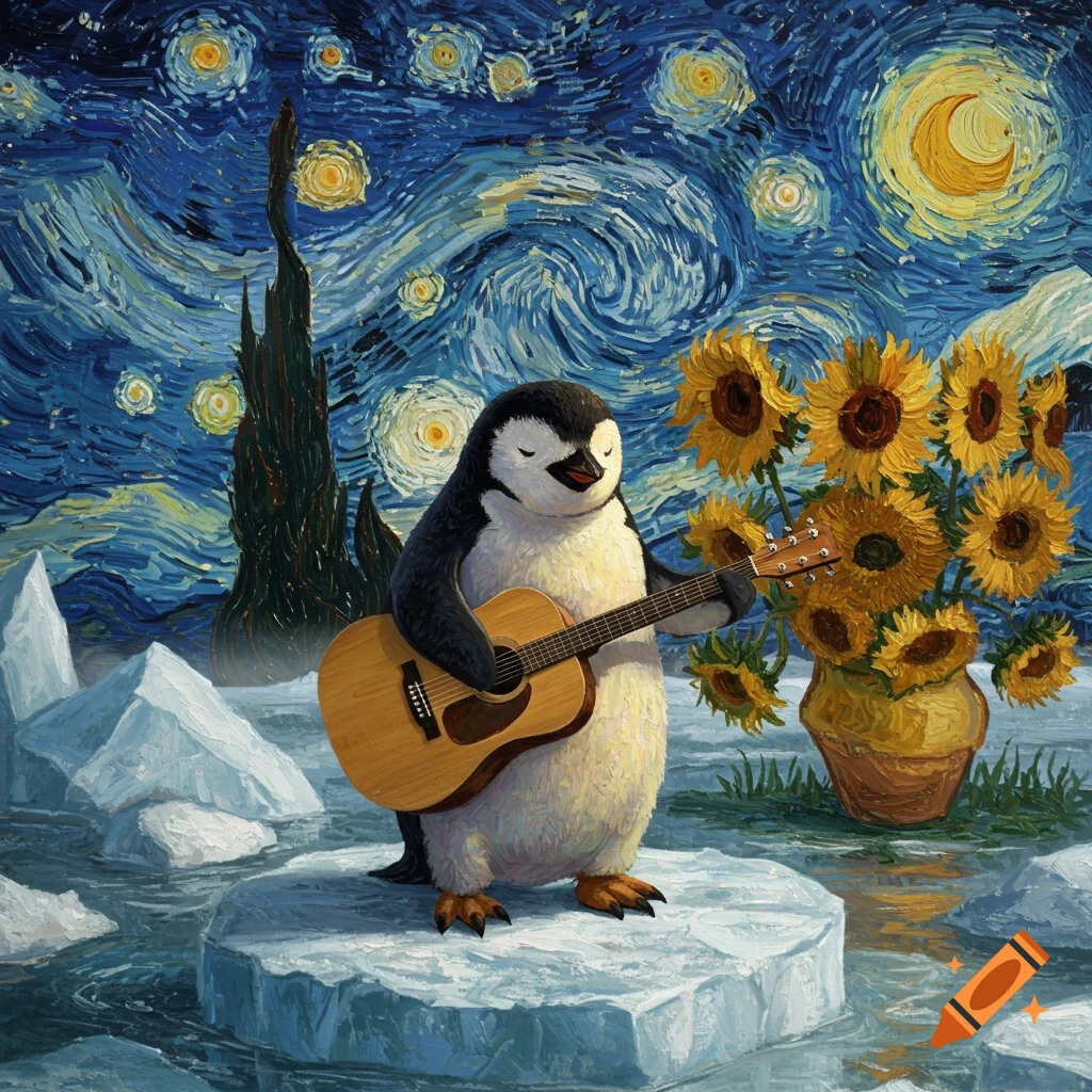 A penguin plays guitar on an iceberg, with a Van Gogh Starry Night sky and Sunflowers painting in the background.