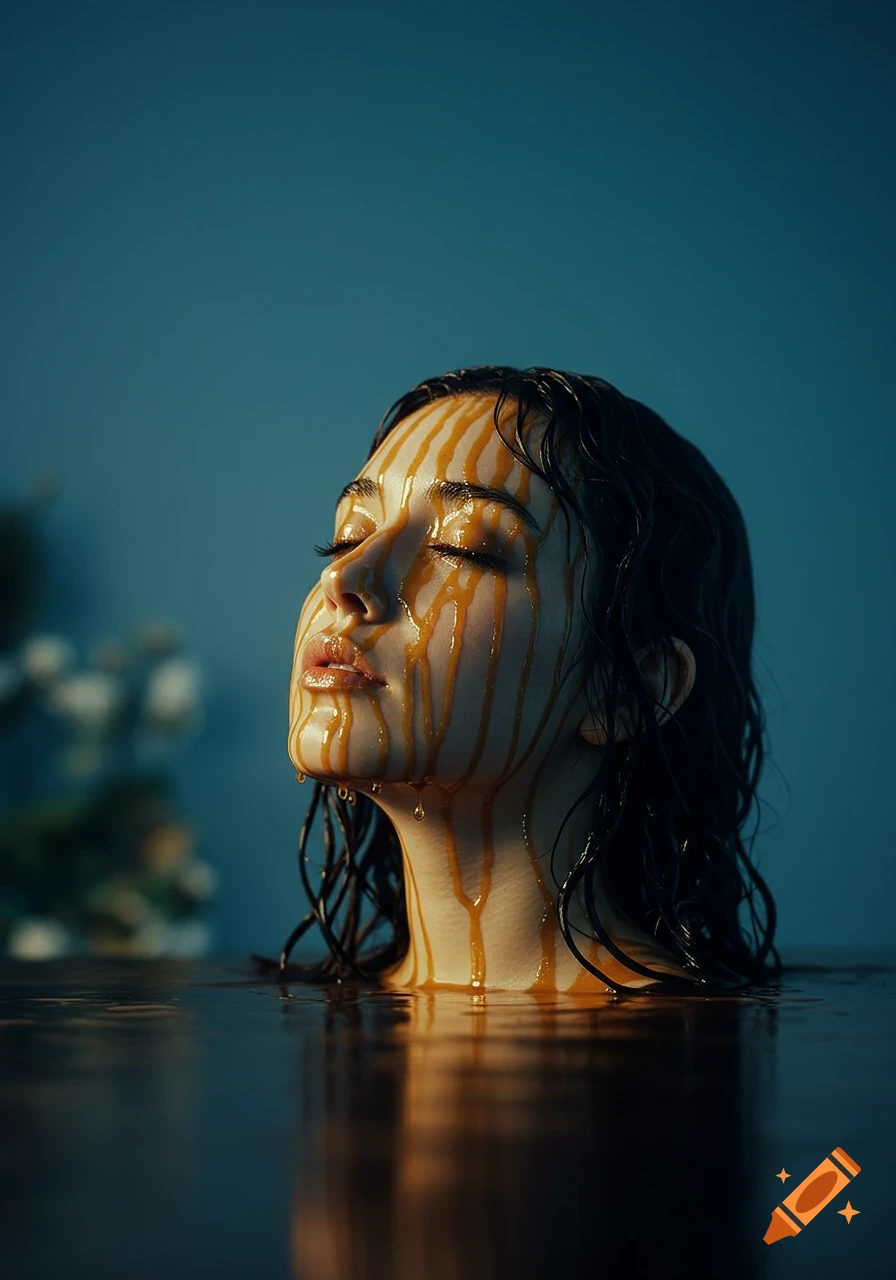 Photorealistic portrait of a woman's face covered in golden liquid, eyes closed, rising from dark water.